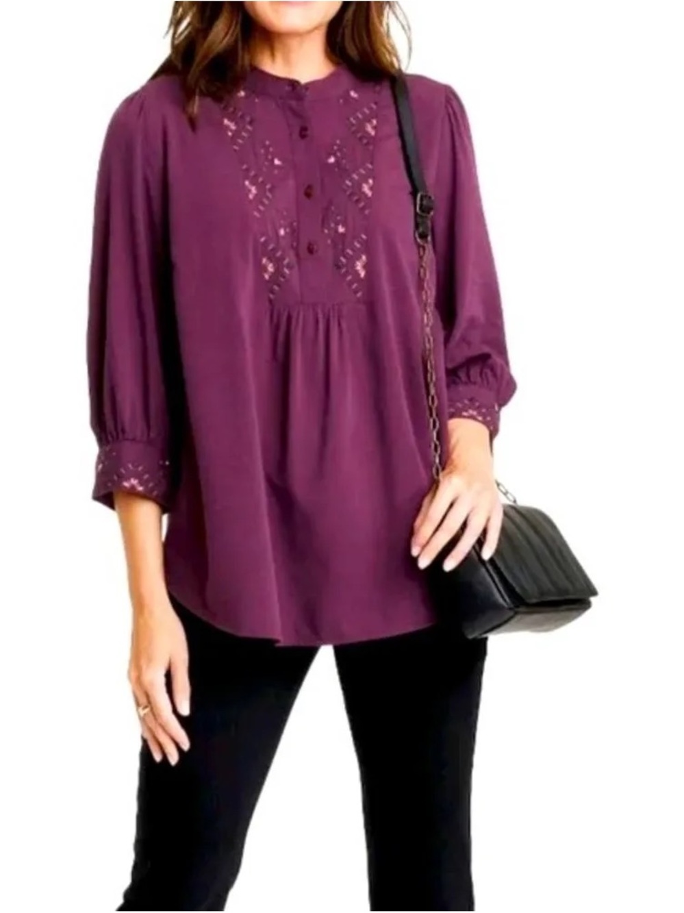 Knox Rose Plum Lace-Trim Peasant Blouse